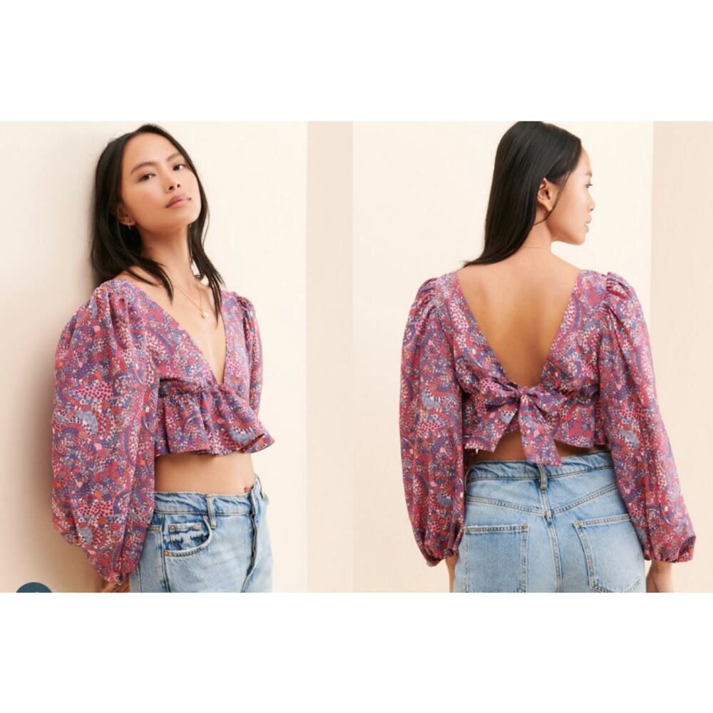 For Love & Lemons Tonya Crop Top Tie Back Womens Size XXS Long Sleeve‎ Whimsy